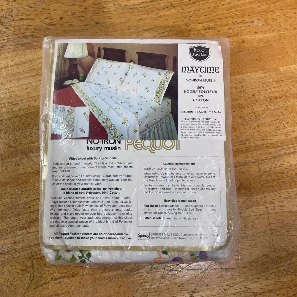 Vtg Pequot Maytime Twin Fitted Sheet Floral Daisy No Iron Muslin Blue Yellow NOS